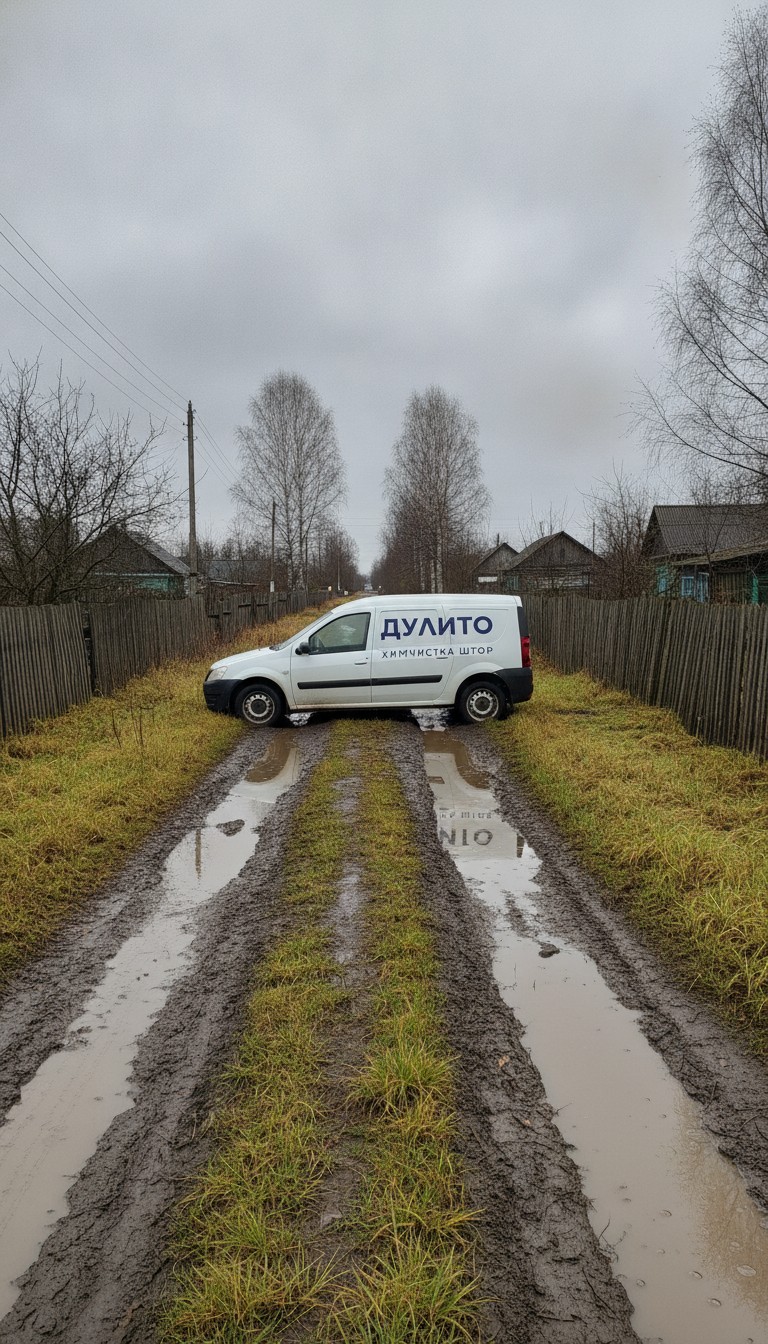 Белый фургон Дулито застрял в грязи на дачной дороге под Курганом